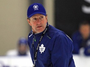 Head coach Mike Babcock runs the team through drills during a practice as part of the Toronto Maple Leafs' training camp at the BMO Centre in Halifax, N.S., on Sunday, Sept. 20, 2015. (THE CANADIAN PRESS/Jeff Harper)