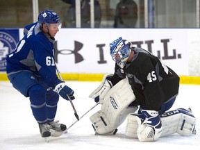 Jonathan Bernier stops Connor Brown, left, during the training camp at the BMO Centre in Halifax, N.S., on Friday, Sept. 18, 2015. (THE CANADIAN PRESS/Andrew Vaughan)