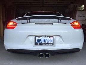 To honour her late horse Just Rushing, jockey Jayne Wilson personalized her license plate on her Porsche Cayman S to read JUSTRSHN.