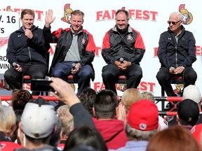 The Ottawa Senators management took part in Ottawa Senators Fanfest in Ottawa Sunday, Sept 20, 2015. Former Ottawa Senators front office Randy Lee, Daniel Alfredsson Pierre Dorion, and Bryan Murray talk to the fans at Canadian Tire Centre Sunday. Tony Caldwell/Ottawa Sun/Postmedia Network