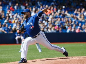 Mark Buehrle made it through six innings on Sept. 20, 2015, but didn’t help his own cause with a pair of fielding mistakes. (STAN BEHAL/Toronto Sun)