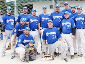 The Brewers (from Sebringville) completed an undefeated season by claiming the ‘A’ championship of the Oldtimers Slingshot League Sept. 11-13, but they needed extra innings to do it, edging the Brew Jays (of St. Pauls) in the final game. Back row (left): Justin Bowles, Paul Tunks, Jeremy Matheson, Jason Ensinger, Nathan Gascho, Jeff Wheatley, Nathan Moorwood, Scott McNabb, Trevor McNabb. Front row (left): Nathan Matheson, Darren Smale (batboy Maguire Smale) and Blake Robinson. SUBMITTED