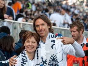 BC Premier Christy Clark and Steve Nash pose for a photo prior to the start of the first MLS game in Vancouver, BC between the Vancouver Whitecaps FC and Toronto FC at Empire Field, March, 19, 2011. (Richard Lam/QMI Agency)