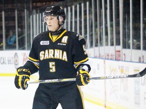Sarnia Sting sophomore defenceman Jakob Chychrun returned to an OHL game for the first time in over six months as his team hosted the Windsor Spitfires in an exhibition contest Saturday night. Chychrun, 17, is preparing for an important season as he vies to become a top pick in the 2016 NHL Entry Draft. (Terry Bridge, Sarnia Observer)