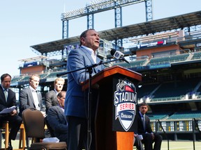 National Hockey League commissioner Gary Bettman speaks during a news conference Monday, Sept. 21, 2015, in Denver to announce that Coors Field will host the Stadium Series game. (AP Photo/David Zalubowski)