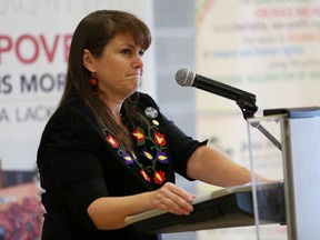Keynote speaker Dr. Dawn Lavell-Harvard, president of the Native Women's Association of Canada, delivers a speech at the 4th annual Gall Conference at the Boyle McCauley Community League, 9538-103A Ave, on Monday, September 21, 2015 in Edmonton, AB.