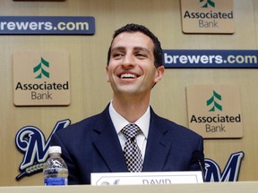 David Stearns speaks during a news conference Monday, Sept. 21, 2015, in Milwaukee. Stearns was introduced as the Milwaukee Brewers’ new general manager. (AP Photo/Morry Gash)