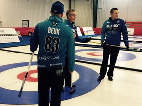 Kingston curlers Jonathan Beuk, left, and Scott Chadwick, right, with their skip Greg Balson at the Grand Slam of Curling Tour Challenge in Paradise, Nfld., earlier this month. (Supplied photo)