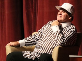 Former Cincinnati Reds player and manager Pete Rose speaks during a lecture on ethics in sport on the campus of Miami University, Monday, Sept. 21, 2015, in Oxford, Ohio. (AP Photo/Gary Landers)