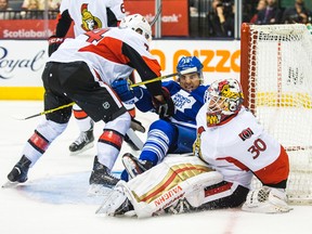 Maple Leafs’ P.A. Parenteau is knocked down in the crease by the Senators’ Mark Borowiecki in front of goalie Andrew Hammond during first period in pre-season action at the Air Canada Centre on Monday night. (ERNEST DOROSZUK/TORONTO SUN)
