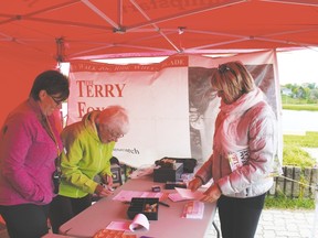 Teresa Tremblay and Isabelle Moore accept Kathy Hutchinson-David's pledges for the 35th Annual Terry Fox Run. In 1980, Terry Fox made history with his Marathon of Hope. He said “It took cancer to realize that being self-centered is not the way to live. The answer is to try and help others.”