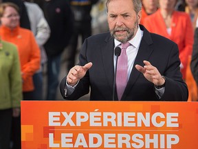NDP leader Tom Mulcair addresses supporters during a campaign stop in Moncton, N.B. on Tuesday, Sept. 22, 2015. THE CANADIAN PRESS/Andrew Vaughan