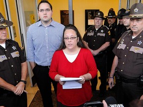 Kim Davis addresses the media just before the doors are opened to the Rowan County Clerk's Office in Morehead, Ky., in this Sept. 14, 2015, file photo. REUTERS/Chris Tilley/Files
