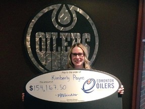 Kimberly Payne of Edmonton won the $154,167.50 Oilers 50/50 draw from the game Sept. 21, 2015. (twitter.com/Oil_Foundation)
