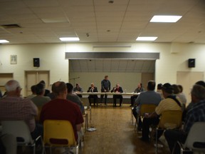 From left to right: Jim Johnston, Bev Shipley, moderator Jamie Armstrong, Ken Filson and Rex Isaac met for an all candidates meeting in Alvinston on September 15. BRENT BOLES / Postmedia Network