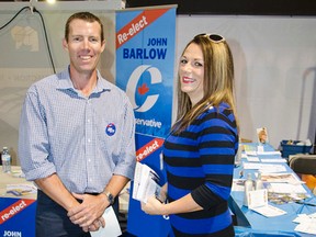 Conservative candidate John Barlow (l), who was MP for the old Macleod riding, and Felicia Stotz-White (r) during the Pincher Creek trade show last Friday. John Stoesser photo/Pincher Creek Echo