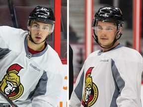 Ottawa Senators Shane Prince (left) and Matt Puempel at practice at the Canadian Tire Centre Tuesday, Sept. 22, 2015. The two are competing for the lone forward opening on the roster. (ERROL McGIHON/OTTAWA SUN)