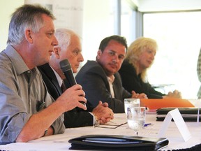 Green Party candidate Peter Smith addresses a crowd gathered at the Sarnia Golf & Curling Club on Tuesday September 22, 2015 in Sarnia, Ont. All four Sarnia-Lambton candidates -- including Liberal Dave McPhail, New Democrat Jason McMichael and Conservative Marilyn Gladu -- met for the riding's first debate Tuesday, tackling issues ranging from a proposed new refinery for the region to the Syrian refugee crisis. (Barbara Simpson, The Observer)