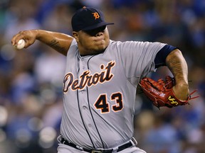 Detroit Tigers relief pitcher Bruce Rondon throws to a Kansas City Royals batter at Kauffman Stadium in Kansas City, Mo., Wednesday, Aug. 12, 2015. (AP Photo/Orlin Wagner)