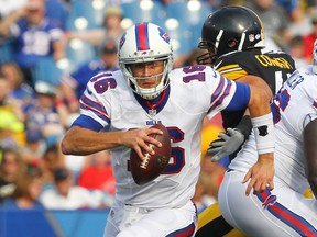 In this Saturday, Aug. 29, 2015, file photo, Buffalo Bills quarterback Matt Cassel (16) runs against the Pittsburgh Steelers during t a preseason game in Orchard Park, N.Y. (AP Photo/Bill Wippert, File)