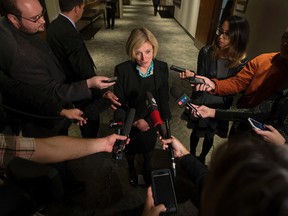 Premier Rachel Notley speaks to the media after a speech to the Alberta Chambers of Commerce in Edmonton on Tuesday, Sept. 22, 2015. David Bloom/Edmonton Sun/Postmedia Network