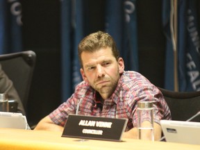 Coun. Sheldon Germain struck down his first motion to halt construction on the Conklin Multiplex. His second motion, to ask the province to inspect the RMWB's governance functions, passed 6-1 in council in Fort McMurray, Alta on Sept. 23, 2015. Cullen Bird/Fort McMurray Today/Postmedia Network