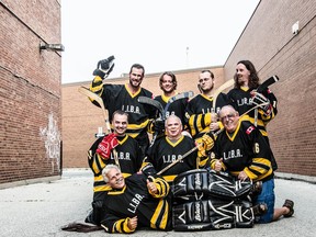 Theatre Sarnia presents the Canadian hockey comedy Shorthanded, opening Oct. 23, at the Imperial Theatre, The cast includes, front, Ron Pask. Middle, from left, Doug Murphy, Norm Francoeur, and Gord Bristo. Back, from left, Jeff Winter, Cam Shipley, Ian Alexander and Christopher Norton. Handout/Sarnia Observer/Postmedia Network