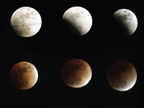 A total lunar eclipse is seen in sequence in the sky above Edmonton in 2008. (Perry Mah/Edmonton Sun file)