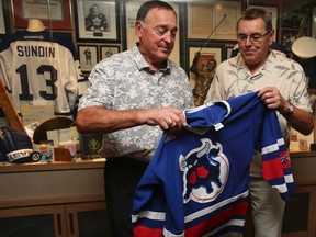 Hockey legend Frank Mahovlich and Vaclav Nedomansky at a Toronto Toros reunion on Aug. 29, 2015. (Veronica Henri/Toronto Sun/Postmedia Network)
