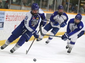 Sudbury Nickel Capital Wolves Andre Frappier controls the puck from a member of the Sudbury Wolves minor midget AAA team in Sudbury, Ont. on Tuesday September 22, 2015. Gino Donato/Sudbury Star/Postmedia Network