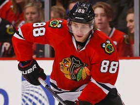 Chicago Blackhawks winger Patrick Kane is seen during NHL play against the Toronto Maple Leafs at United Center in Chicago, in this file photo taken December 21, 2014.  (Kamil Krzaczynski/USA TODAY Sports/Files)