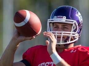 Western Mustangs quarterback Will Finch takes part in a team football practice at TD Stadium in London, Ont. on Wednesday September 23, 2015. (CRAIG GLOVER, The London Free Press)