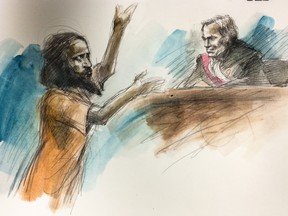 Chehab Esseghaier speaks in court on Sept. 23, 2015. Justice Michael Code sentenced him to life in prison. (Pam Davies sketch)