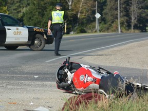 Perth County OPP are investigating a serious crash on Perth Line 33 involving a motorcycle and pickup truck Thursday morning.
SCOTT WISHART/The Beacon Herald