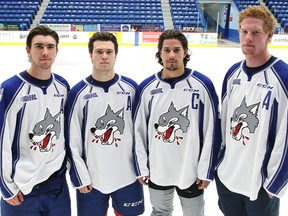 Danny Desrochers,second from right, has been named captain of the Sudbury Wolves for the 2015-2016 season, alternates are from left Kyle Capobianco, Jacob Harris and Matt Schmalz. Gino Donato/Sudbury Star/Postmedia Network