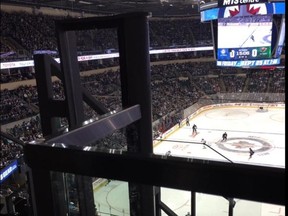 In this photo from Twitter, a fan shows just how obstructed the view is from his seat at MTS Centre this season.