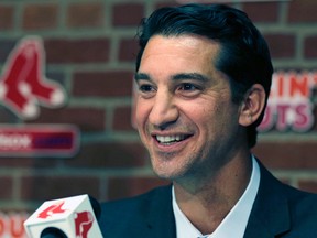 Boston Red Sox newly appointed general manager Mike Hazen smiles as he is introduced at Fenway Park in Boston, Thursday, Sept. 24, 2015. (AP Photo/Charles Krupa)