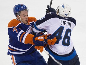 After this incident, Oscar Klefbom being hit by Jets forward J.C. Lipon after the whistle, Oilers defenceman Justin Schultz rushed in to confront Lipon. (David Bloom, Edmonton Sun)