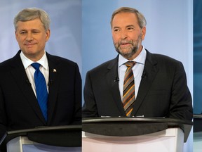 In this photo composition, the five federal party leaders take part in the French-language debate on Thursday, September 24, 2015, in Montreal. From left to right, Bloc Quebecois Leader Gilles Duceppe, left, Conservative Leader Stephen Harper, NDP Leader Tom Mulcair, Green party Leader Elizabeth May and Liberal Leader Justin Trudeau. THE CANADIAN PRESS/Adrian Wyld