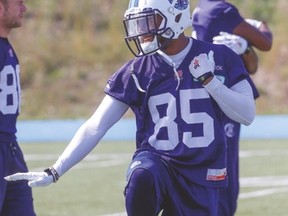 Argonauts receiver Diontae Spencer, showing his moves during practice yesterday, has been taking snaps with the first team and will likely start over Vidal Hazelton on Saturday. (DAVE THOMAS/Toronto Sun)