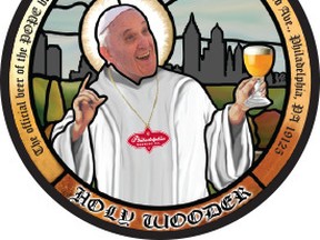 This graphic provided by the Philadelphia Brewing Company, shows the label of a beer called Holy Wooder. The beer was inspired by Pope Francis’ visit to Philadelphia. The brewery says it has delivered a half-keg of its playfully named Holy Wooder to St. Charles Borromeo Seminary. The Archdiocese of Philadelphia says it’s a fun way for seminarians to celebrate the pope’s visit. (Katy Loringer /Philadelphia Brewing Co. via AP)