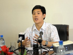 This undated picture received from North Korea's official Korean Central News Agency (KCNA) on September 25, 2015 shows Joo Won-Moon, a student of New York University interviewed by members of the foreign and domestic media in Pyongyang. Won has been detained in North Korea for five months. (AFP PHOTO/KCNA via KNS)