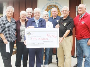 The Goderich Lioness Club made a significant donation to the efforts to revitalize Camp Klahanie last week. A cheque for $50,000 was presented to the Goderich Lions Club. Pictured (left to right) are Linda Mabon (Lioness secretary/treasurer), June Hayter (Lioness charter member), Mary Lou Aubin (Lioness charter member), Veronique Harman (Lioness president), Eleanore Larder (Lioness past president), Jerry Pelton (Lions Club member), Bob Robson (Goderich Lions Club president) and Walter McIlwain (Lions Club member). (Dave Flaherty/Goderich Signal Star)