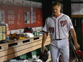 Washington Nationals relief pitcher Jonathan Papelbon walks through the dugout after being ejected for hitting Baltimore Orioles third baseman Manny Machado with a pitch at Nationals Park in Washington on Sept. 23, 2015. (Tommy Gilligan/USA TODAY Sports)