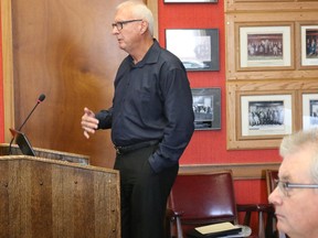 Ray Patterson of Wellers Lane in Ameliasburgh appeared in front of Prince Edward County's committee of the whole Thursday afternoon, asking for winter maintenance on the 350-metre gravel road, while engineering, development and works commissioner Robert McAuley listens on.