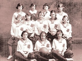 The 1921-1922 London Central secondary school girls? basketball team was helped by teacher Dorothy McCann, second from left, top row, who taught at the school ? then known as the London collegiate institute ? for many more decades. Posing for a  collegiate publication are (front row) Helen Rowat, left, Marion Hart and Helen Ross; (second row), Frances Talbot, left, Marion Hayden, Marion Drew, Evelyn Hardy and Isabel Duncan; (third row) Sterling Westland, left, McCann, teacher Edna Holland and Barbara Daly.