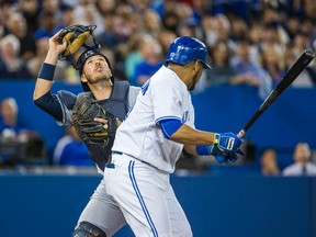 Blue Jays' Edwin Encarnacion and Tampa Bay Rays catcher J.P. Arencibia collide during Friday night's game at the Rogers Centre. (Ernest Doroszuk)