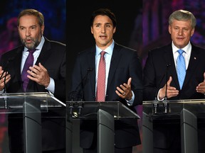 From left to right, NDP Leader Tom Mulcair, Liberal Leader Justin Trudeau, and Conservative Leader Stephen Harper are seen at various points during the Globe and Mail leaders' debate, in this photo illustration, on Thursday, September 17, 2015. THE CANADIAN PRESS/Sean Kilpatrick