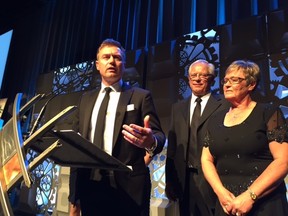 Terry Degner (left) announces his family's $300,000 donation to the Alberta Diabetes Foundation at Friday night's ADF Hummingbird Gala. Parents Ted and Iona Degner were the Honorary Chairs of the event.(SUPPLIED)