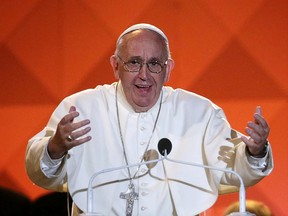 Pope Francis speaks during the closing ceremony for the World Meeting of Families, a Vatican-sponsored conference of more than 18,000 people from around the world, in Philadelphia, on Sept. 26, 2015. (Alex Wong/Pool Photo via AP)